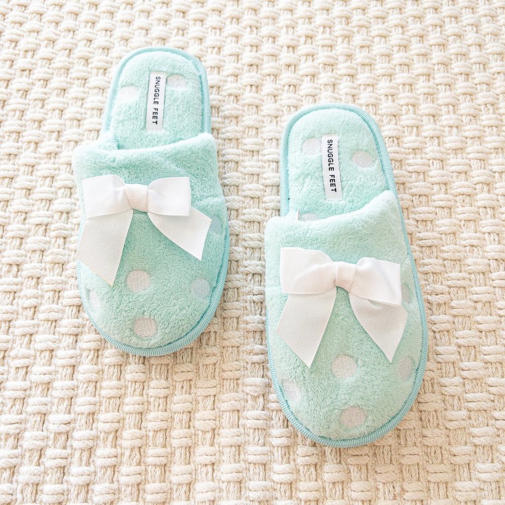 Mint Polkadot Bow Soft Cozy House Slippers XL